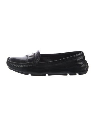 Prada Enameled Metal Triangle Patent Leather Loafers