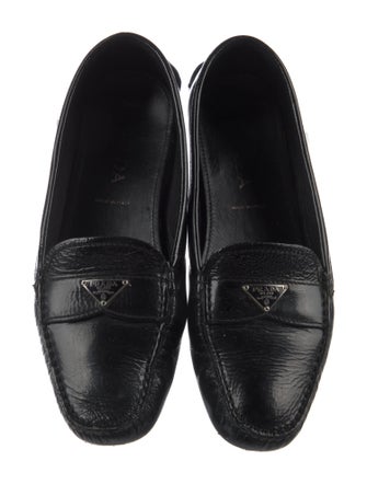 Prada Enameled Metal Triangle Patent Leather Loafers