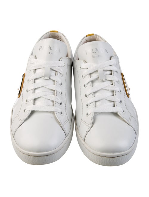 Prada Enameled Metal Triangle Leather Sneakers