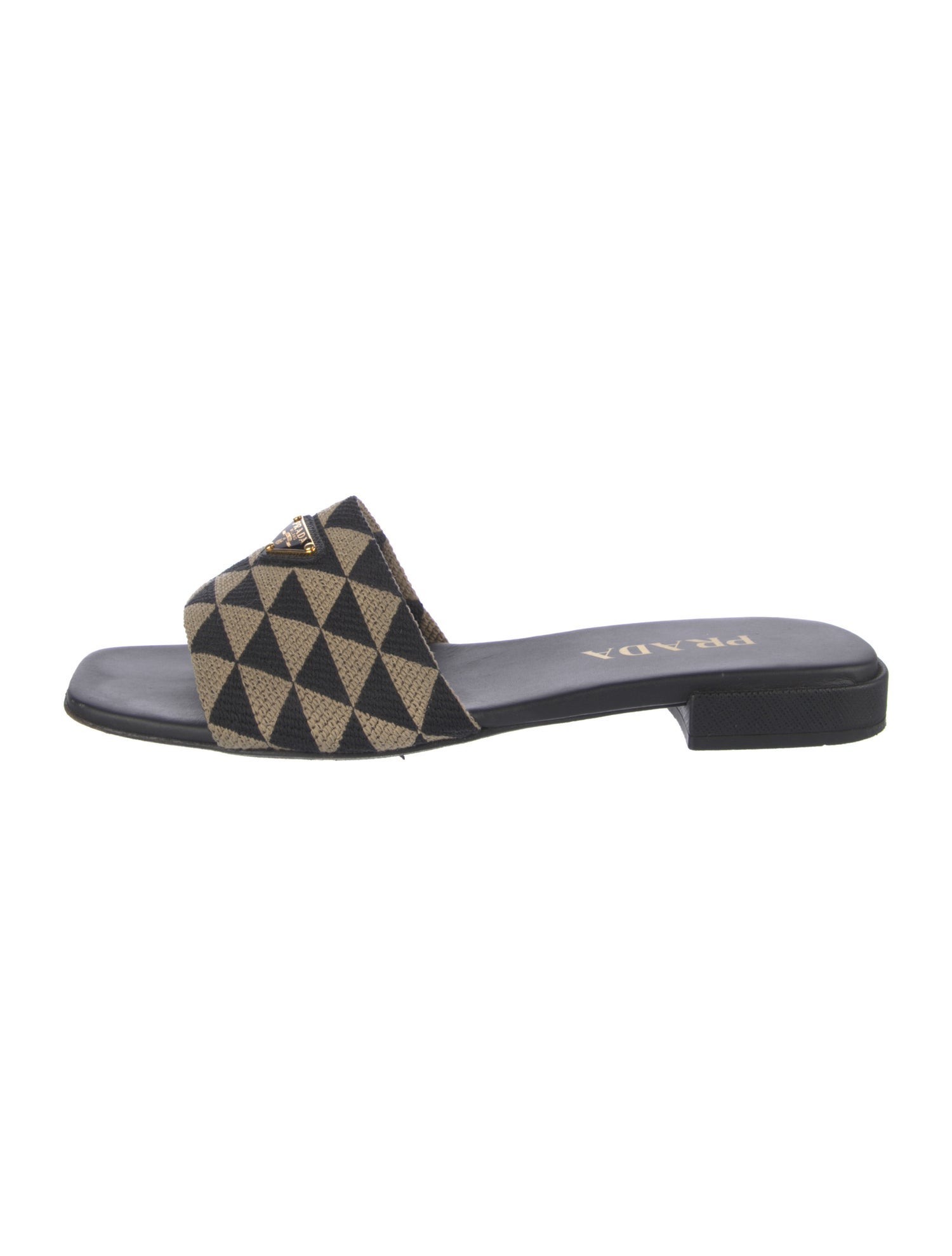 Prada Enameled Metal Triangle Animal Print Slides