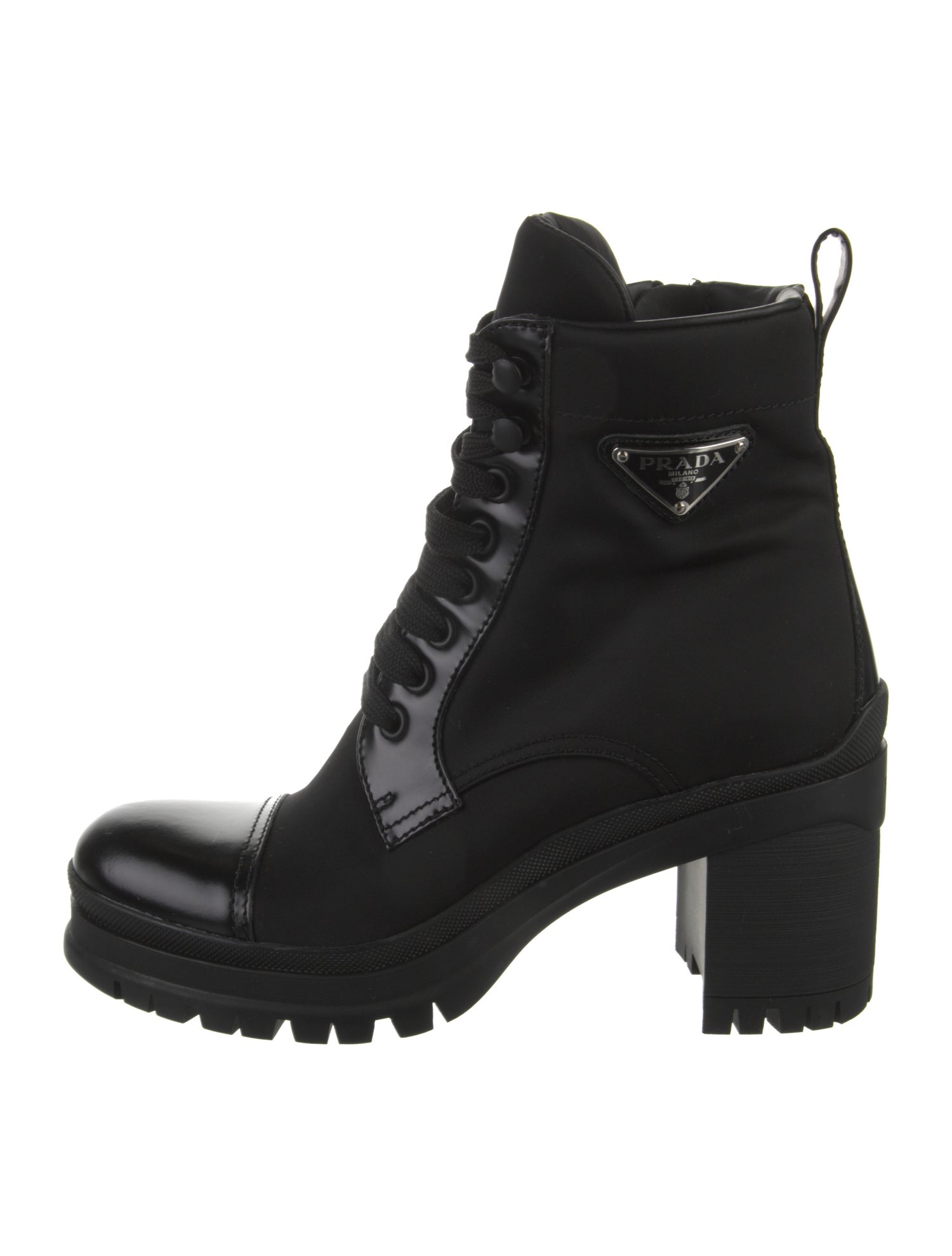Prada Nylon Embroidered Accent Lace-Up Boots