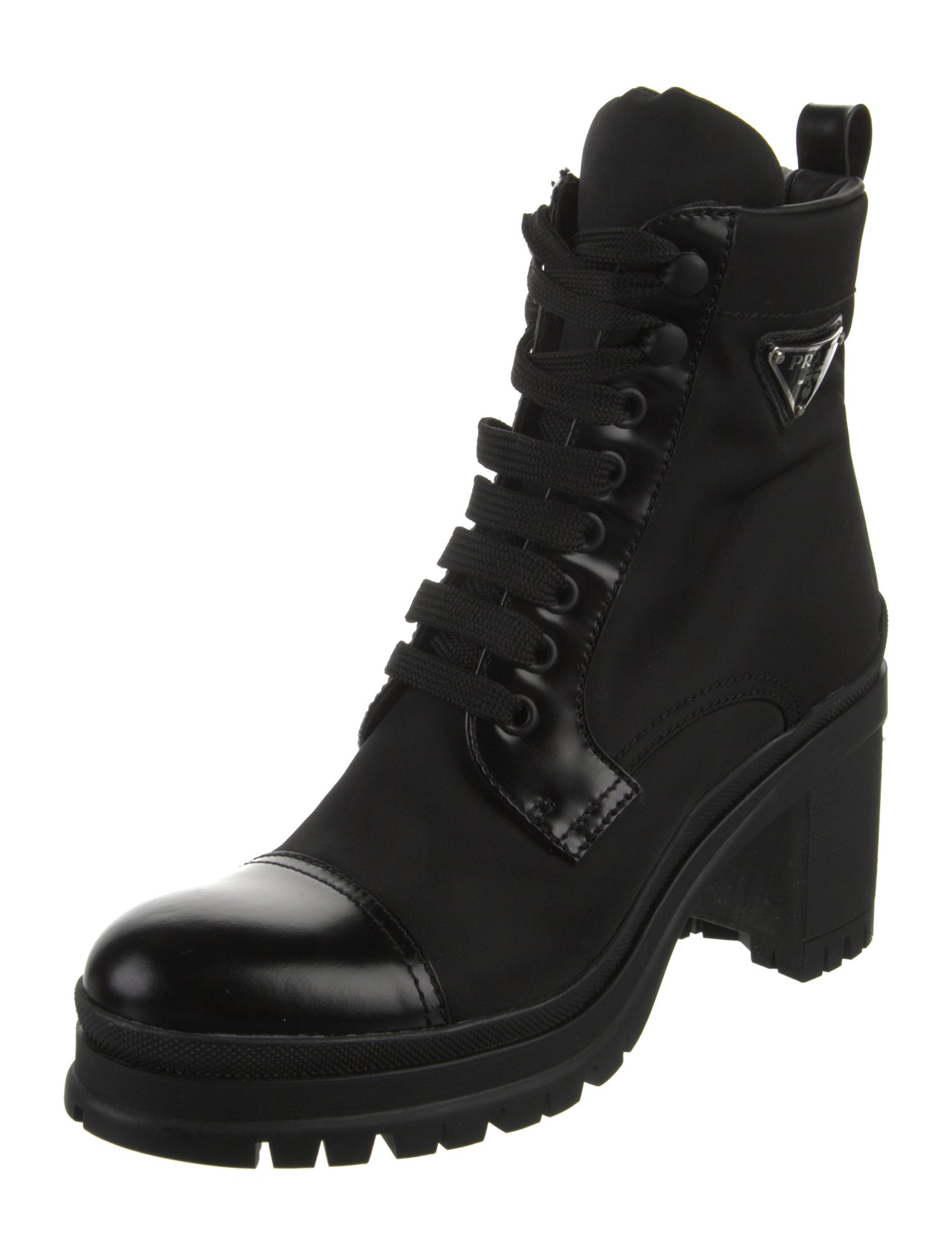 Prada Nylon Embroidered Accent Lace-Up Boots
