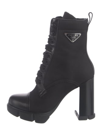 Prada Enameled Metal Triangle Nylon Lace-Up Boots