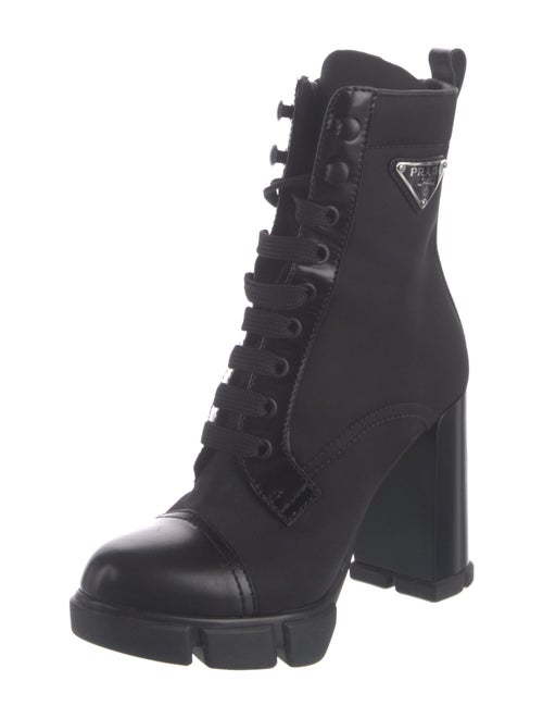 Prada Enameled Metal Triangle Nylon Lace-Up Boots