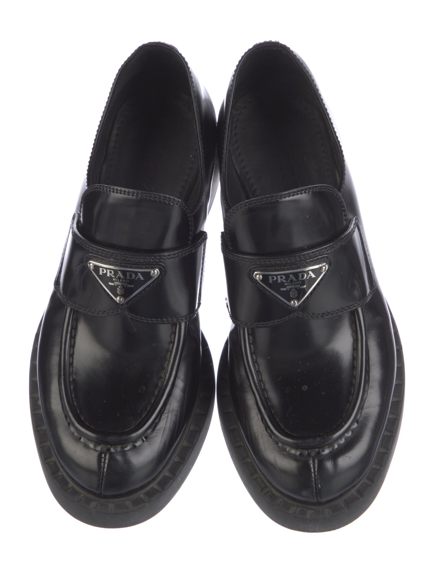 Prada Enameled Metal Triangle Patent Leather Loafers