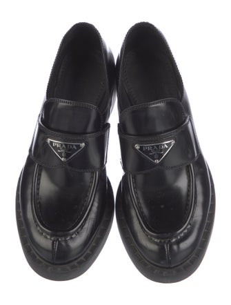 Prada Enameled Metal Triangle Patent Leather Loafers