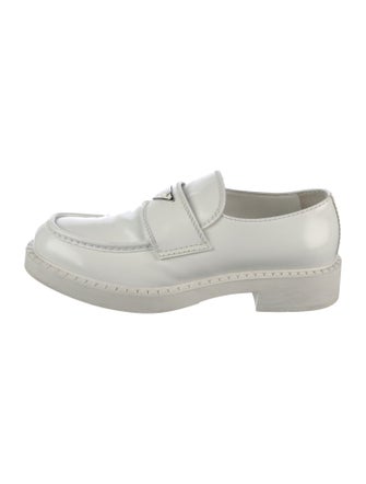Prada Enameled Metal Triangle Leather Loafers