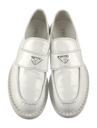 Prada Enameled Metal Triangle Leather Loafers