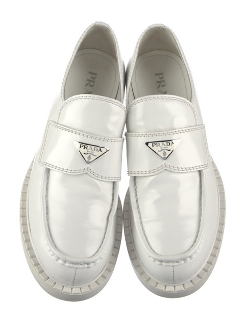 Prada Enameled Metal Triangle Leather Loafers