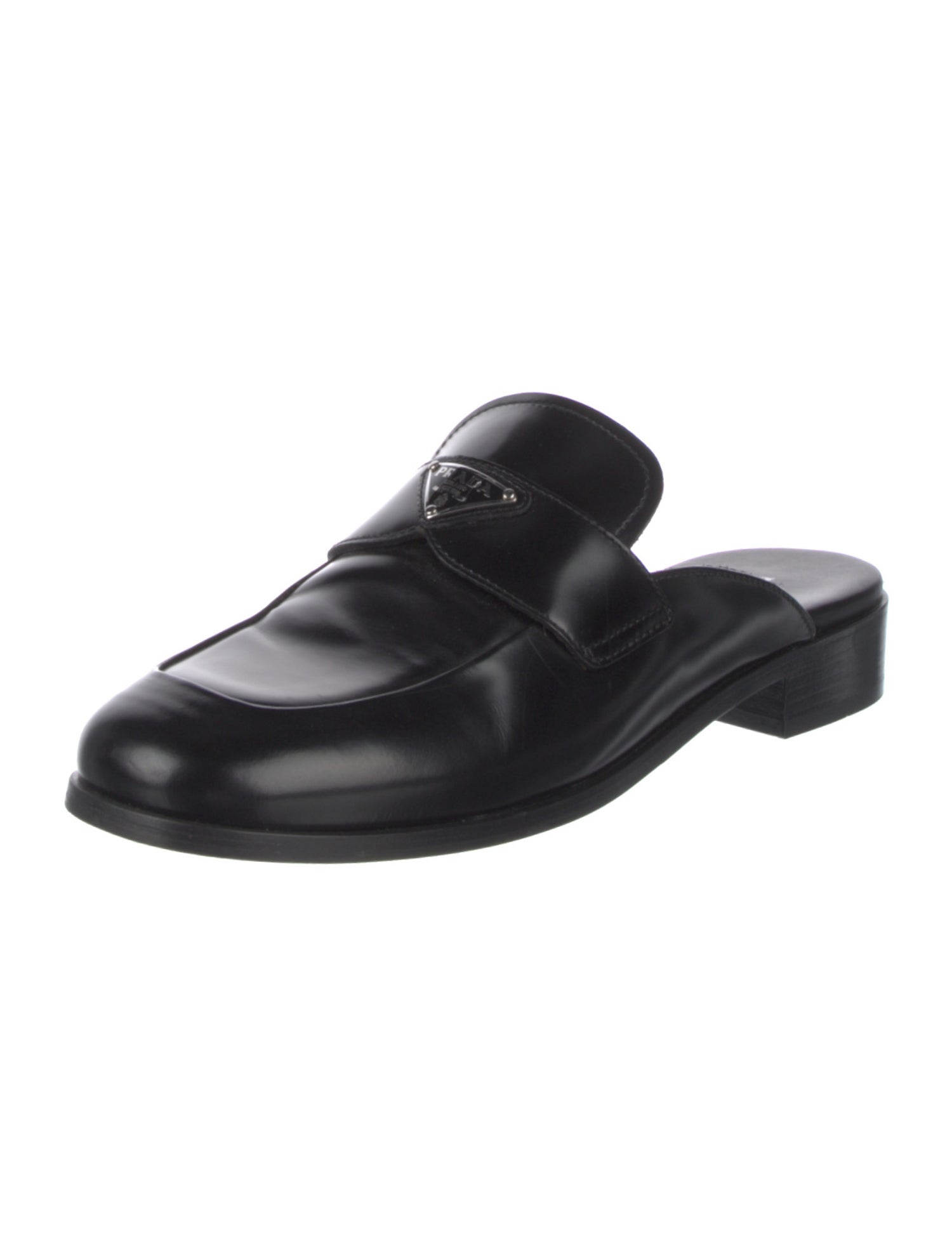 Prada Enameled Metal Triangle Leather Mules