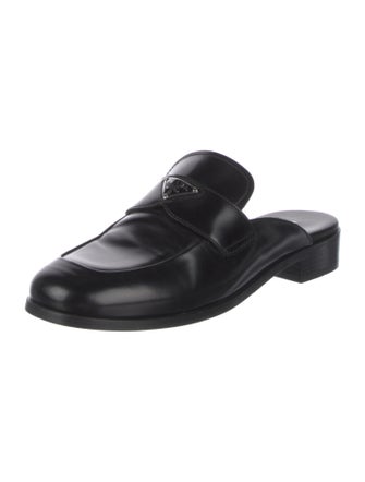 Prada Enameled Metal Triangle Leather Mules
