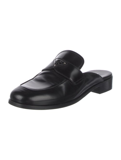 Prada Enameled Metal Triangle Leather Mules