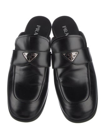 Prada Enameled Metal Triangle Leather Mules