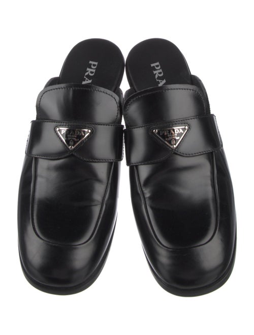 Prada Enameled Metal Triangle Leather Mules
