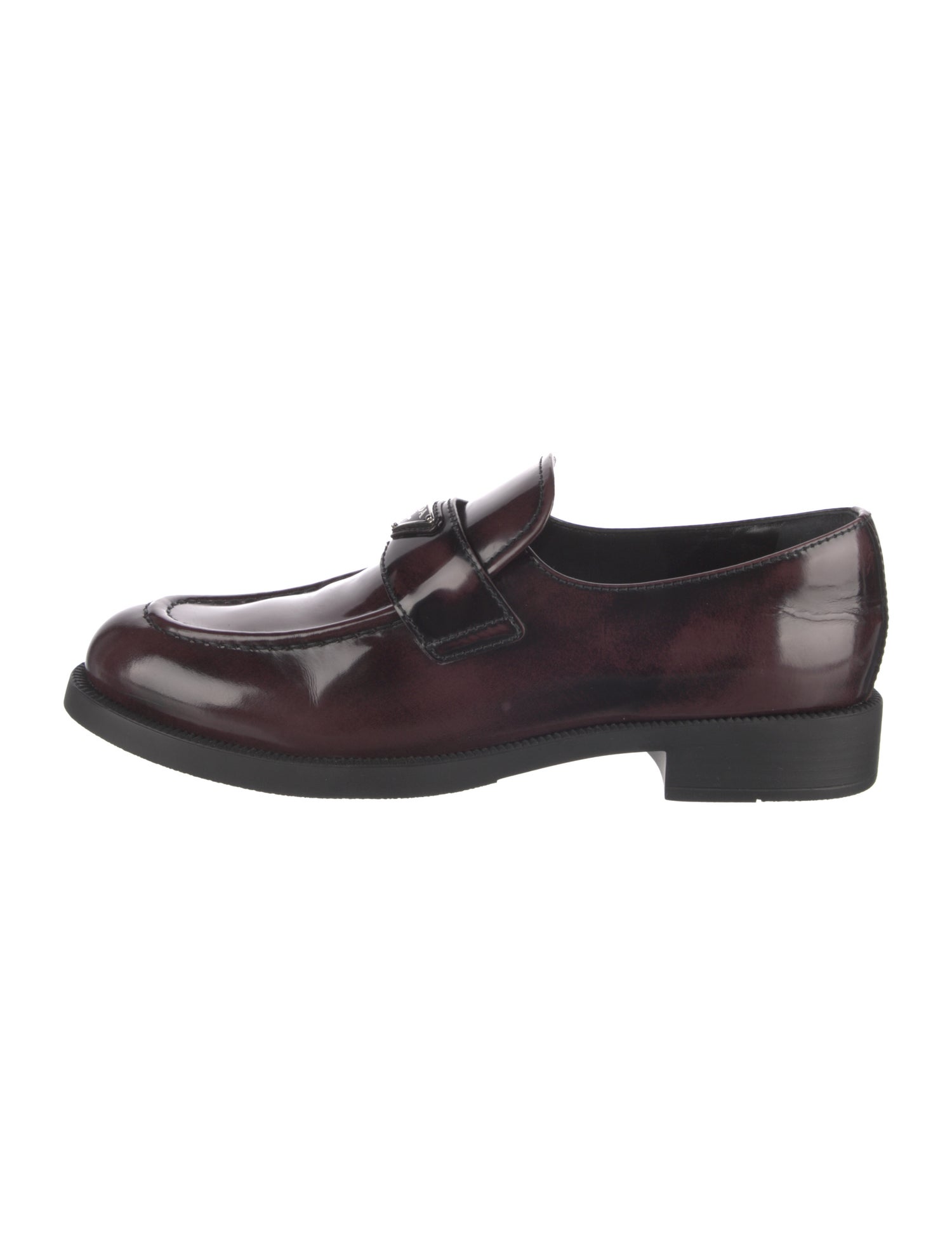 Prada Enameled Metal Triangle Patent Leather Loafers
