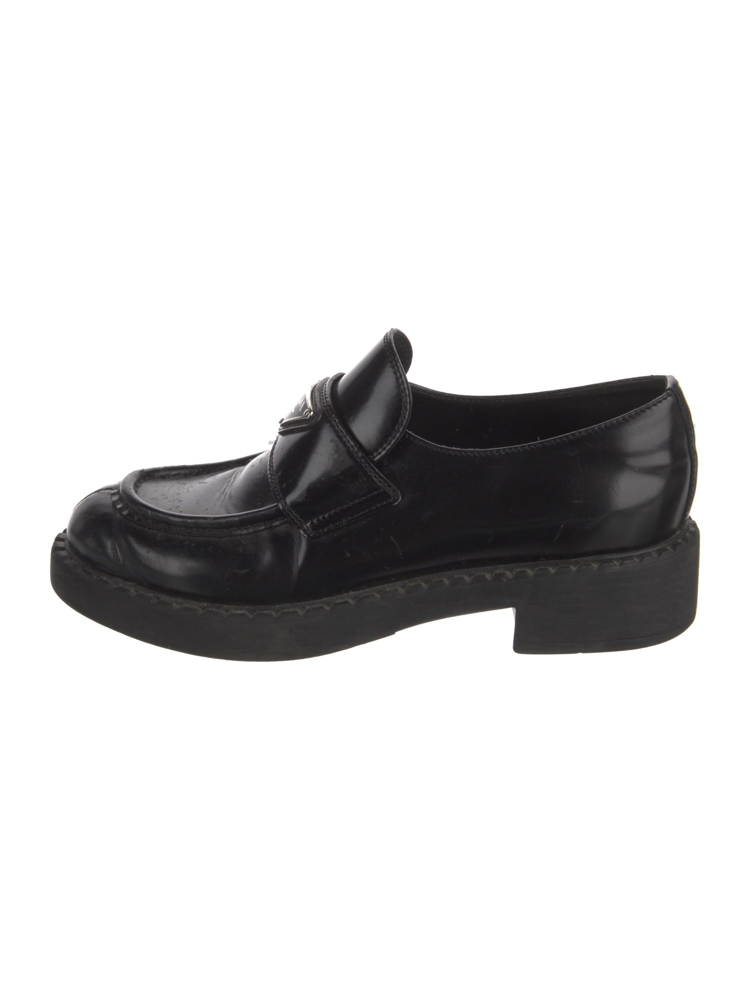 Prada Enameled Metal Triangle Patent Leather Oxfords