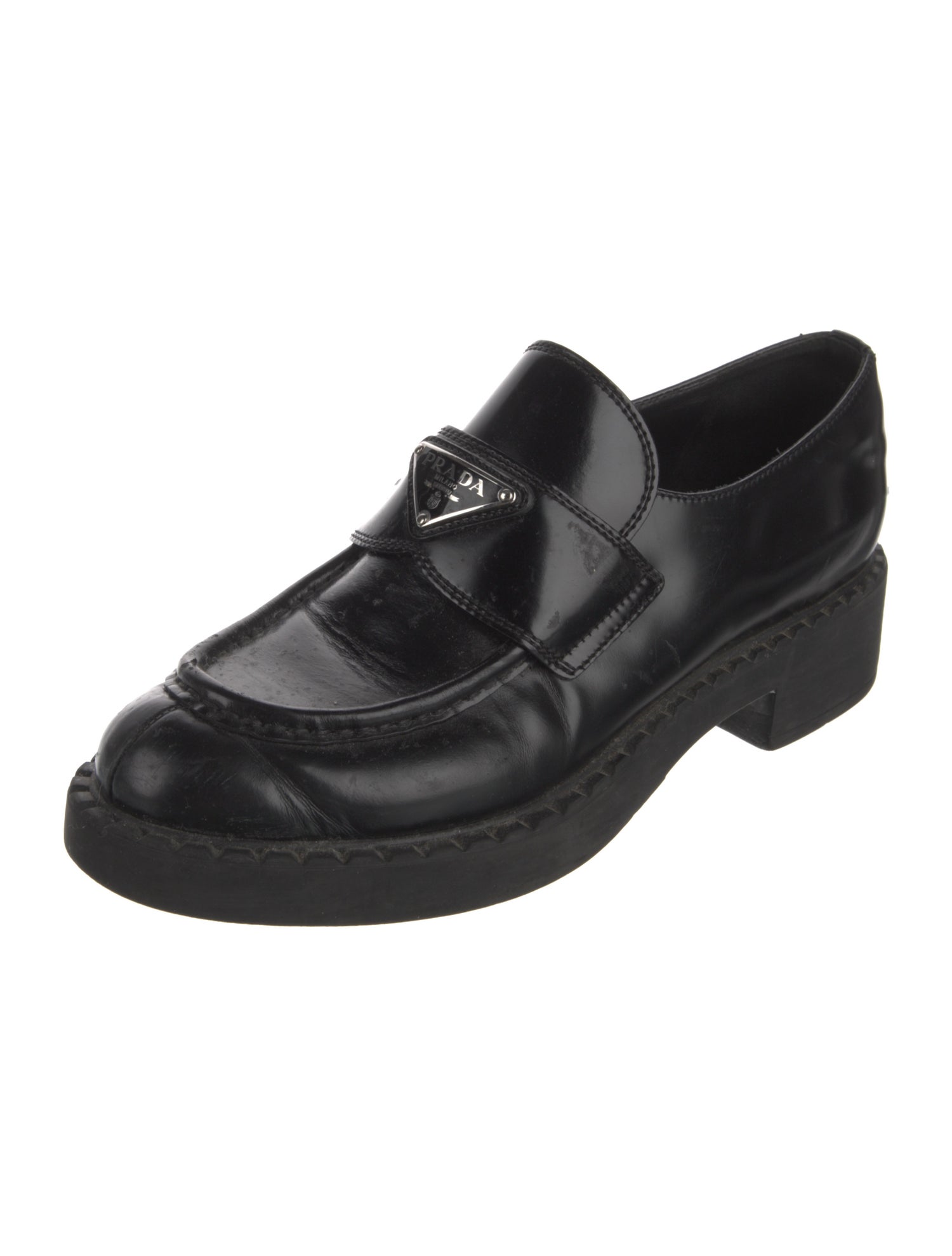 Prada Enameled Metal Triangle Patent Leather Oxfords