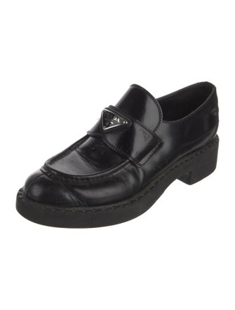 Prada Enameled Metal Triangle Patent Leather Oxfords