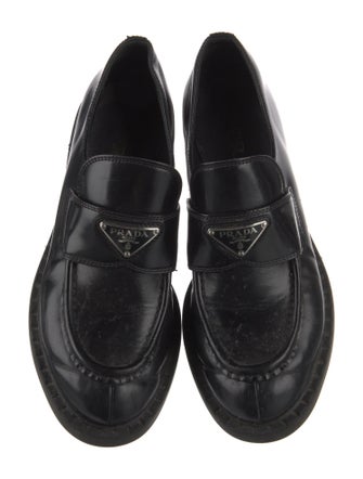 Prada Enameled Metal Triangle Patent Leather Oxfords