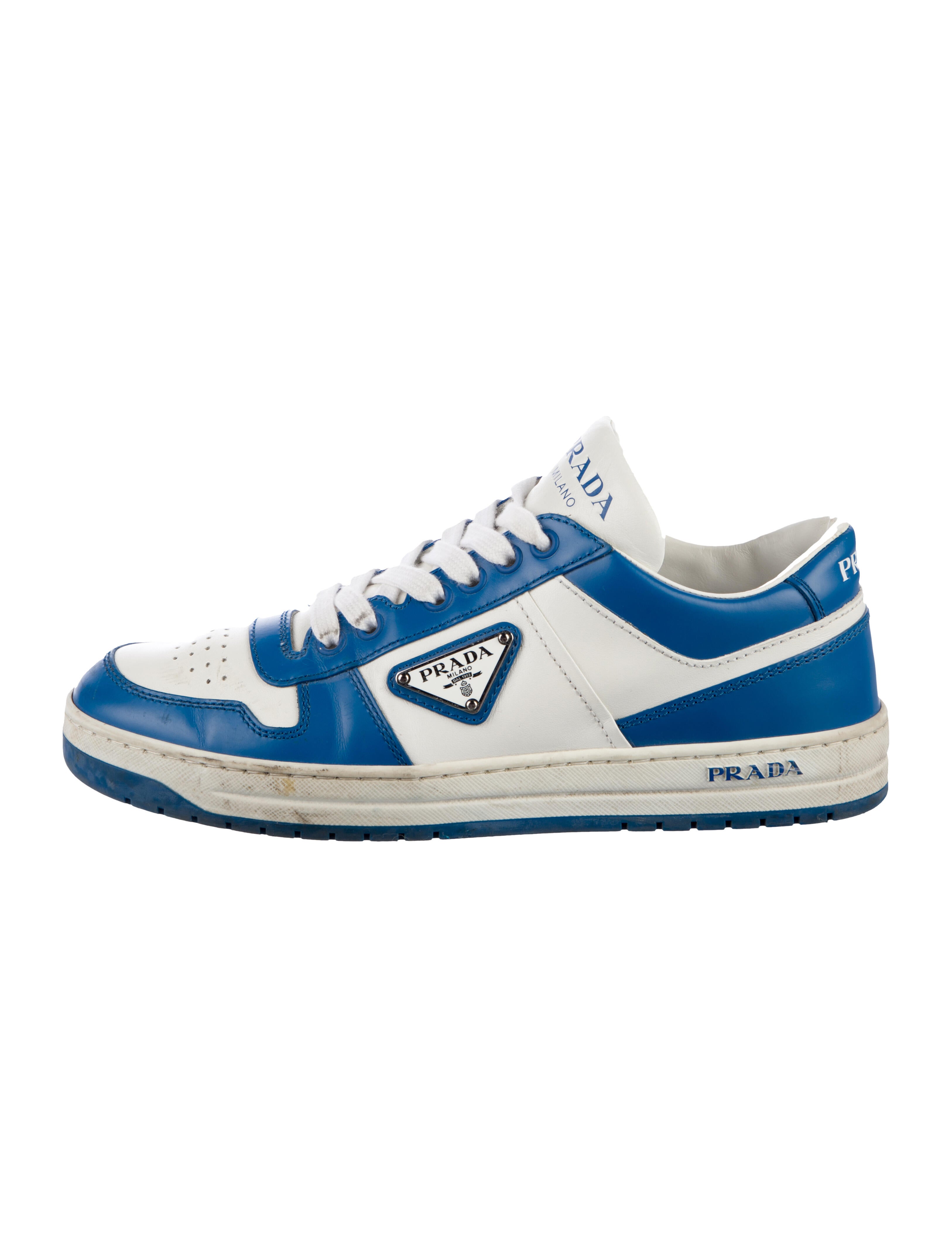 Prada Enameled Metal Triangle Leather Sneakers