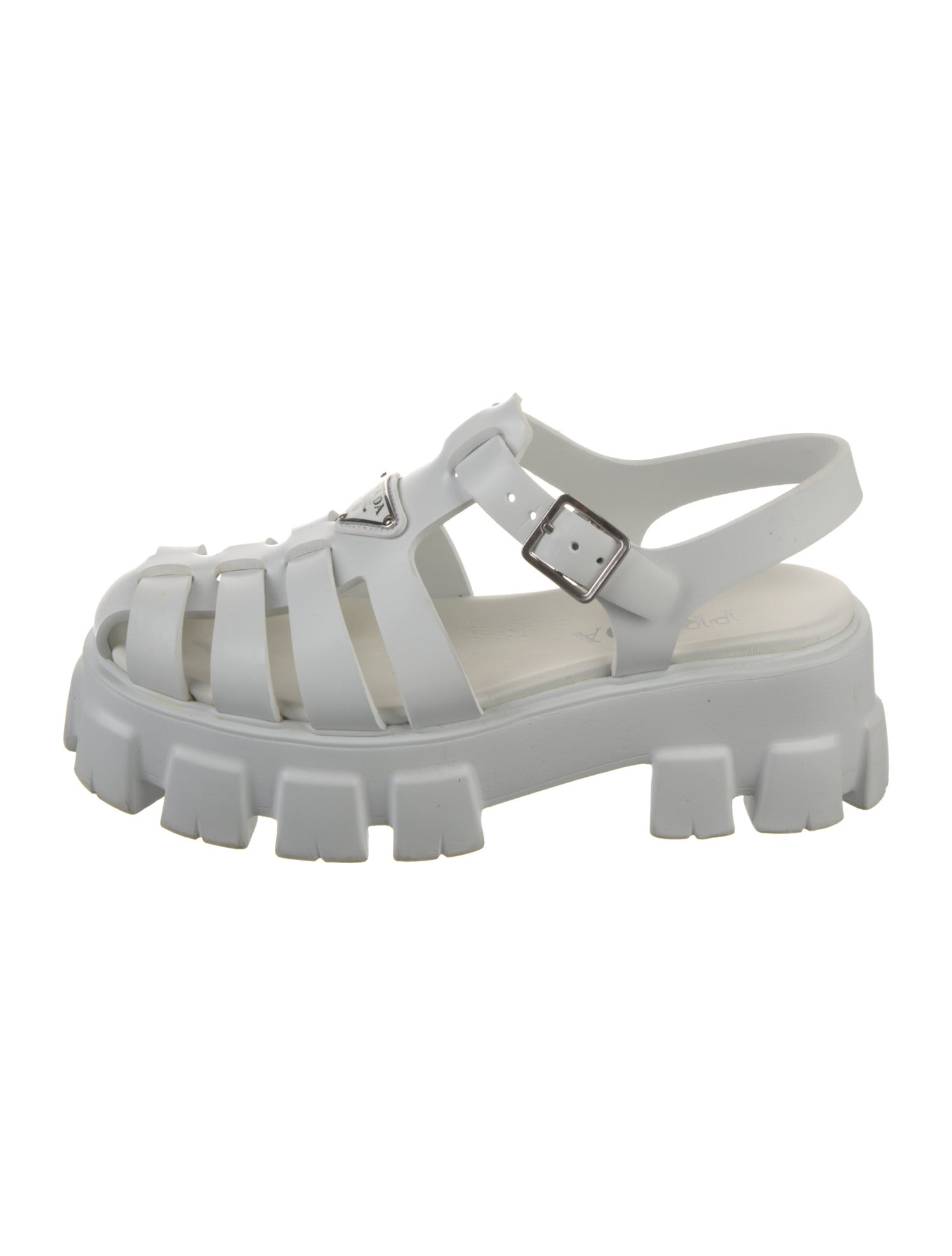 Prada Enameled Metal Triangle Rubber Slingback Sandals