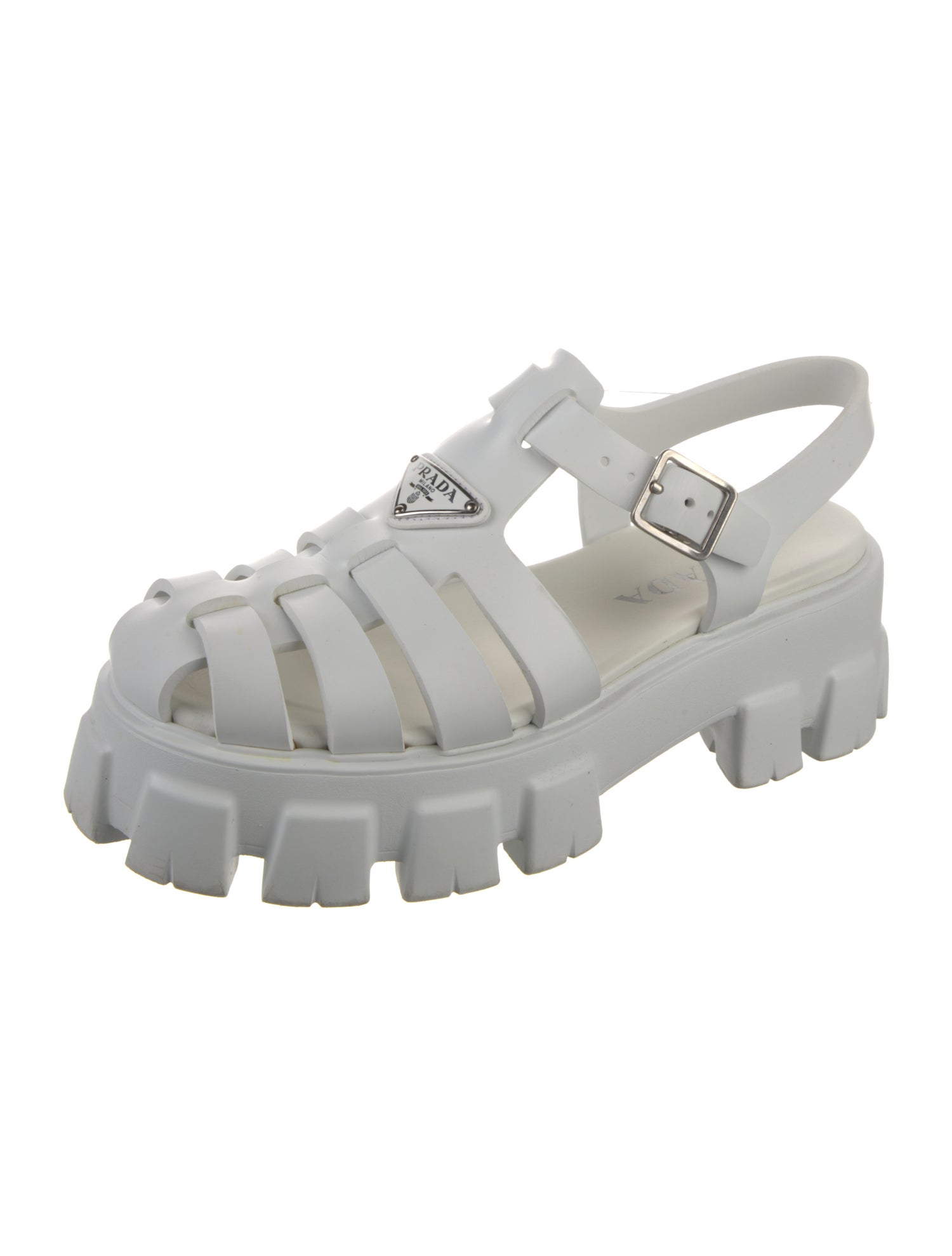 Prada Enameled Metal Triangle Rubber Slingback Sandals