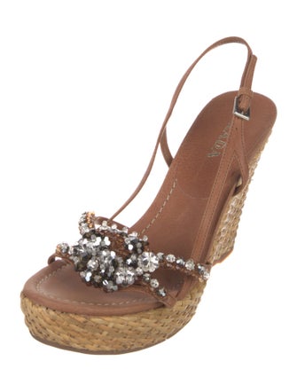 Prada Leather Crystal Embellishments Slingback Sandals