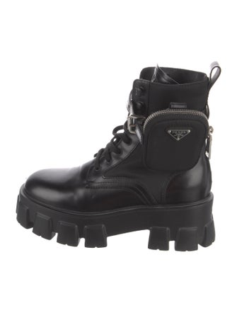 Prada Enameled Metal Triangle Leather Combat Boots