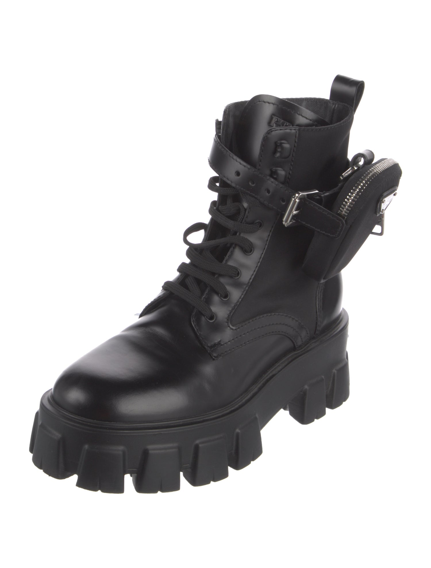 Prada Enameled Metal Triangle Leather Combat Boots