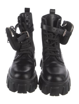 Prada Enameled Metal Triangle Leather Combat Boots