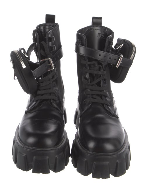 Prada Enameled Metal Triangle Leather Combat Boots
