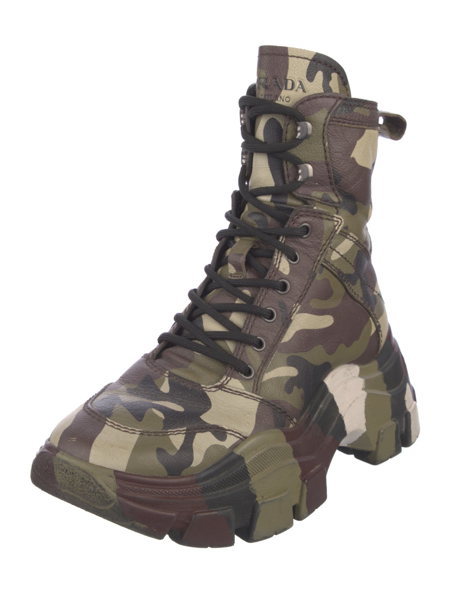 Prada Leather Camouflage Print Hiking Boots