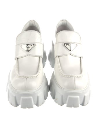 Prada Enameled Metal Triangle Leather Loafers