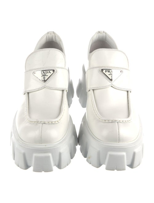 Prada Enameled Metal Triangle Leather Loafers