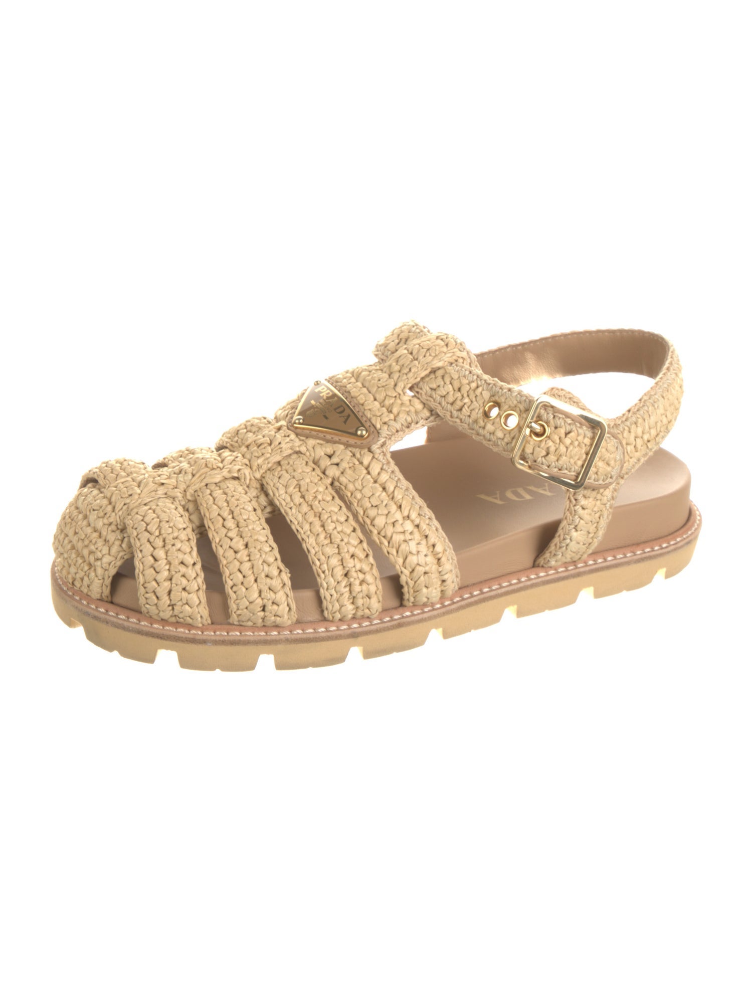 Prada Enameled Metal Triangle Raffia Slingback Sandals