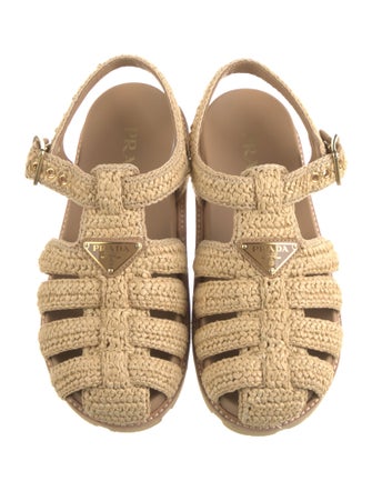 Prada Enameled Metal Triangle Raffia Slingback Sandals