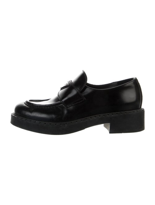Prada Enameled Metal Triangle Leather Loafers