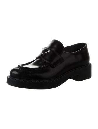 Prada Enameled Metal Triangle Leather Loafers