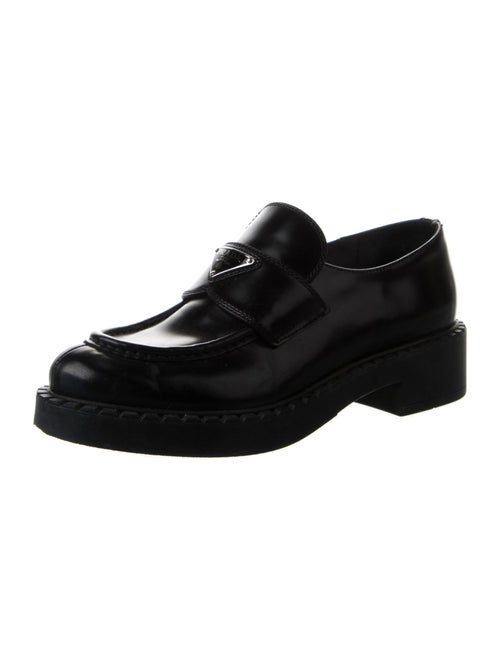 Prada Enameled Metal Triangle Leather Loafers