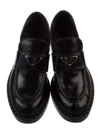 Prada Enameled Metal Triangle Leather Loafers