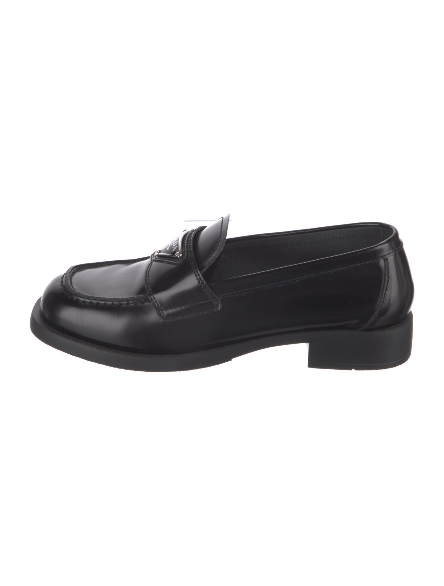 Prada Enameled Metal Triangle Leather Loafers