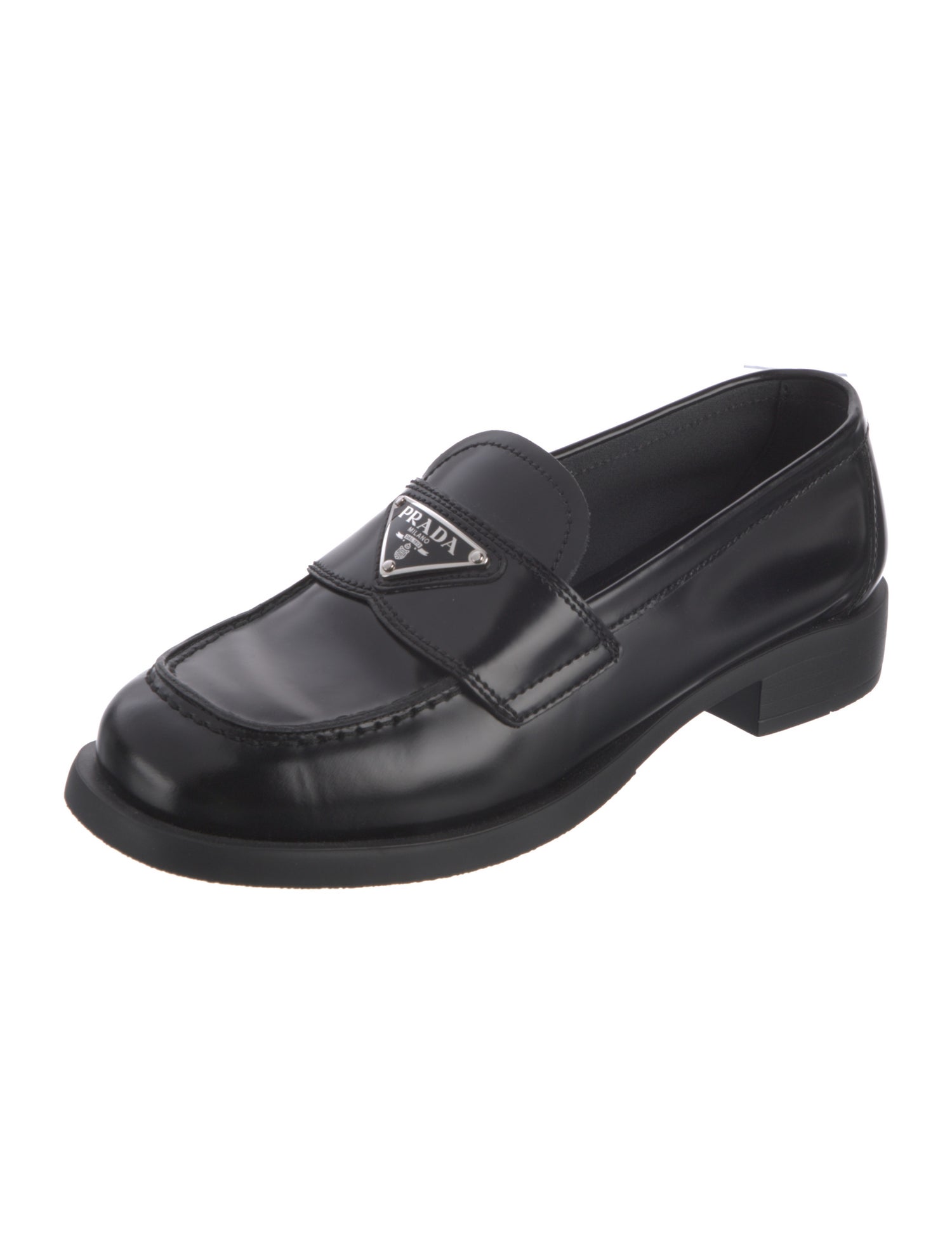 Prada Enameled Metal Triangle Leather Loafers