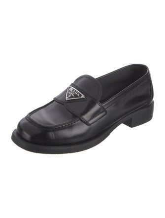 Prada Enameled Metal Triangle Leather Loafers