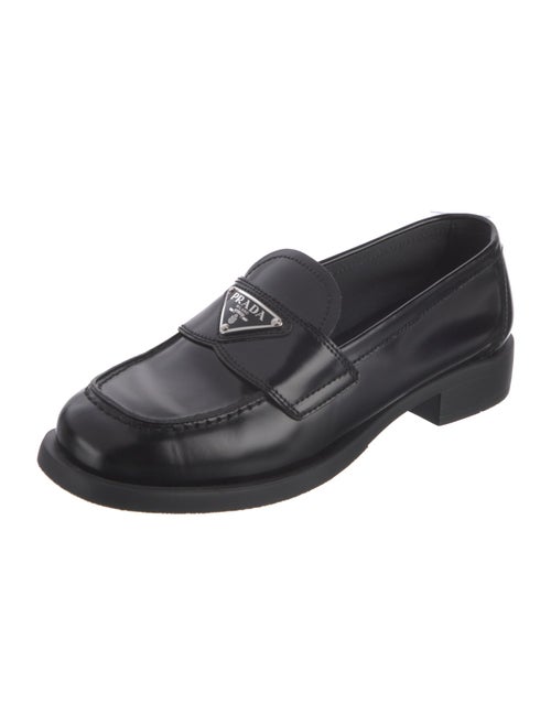 Prada Enameled Metal Triangle Leather Loafers