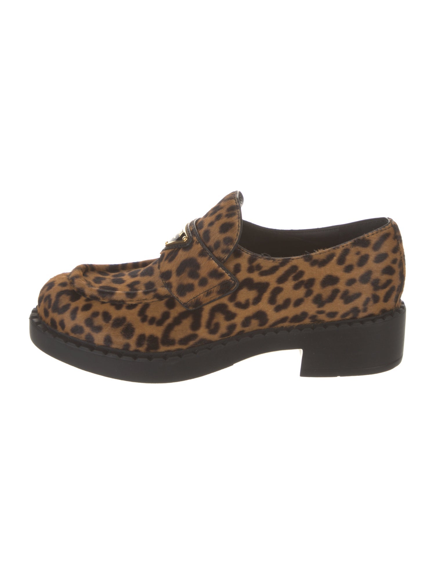 Prada Enameled Metal Triangle Ponyhair Oxfords