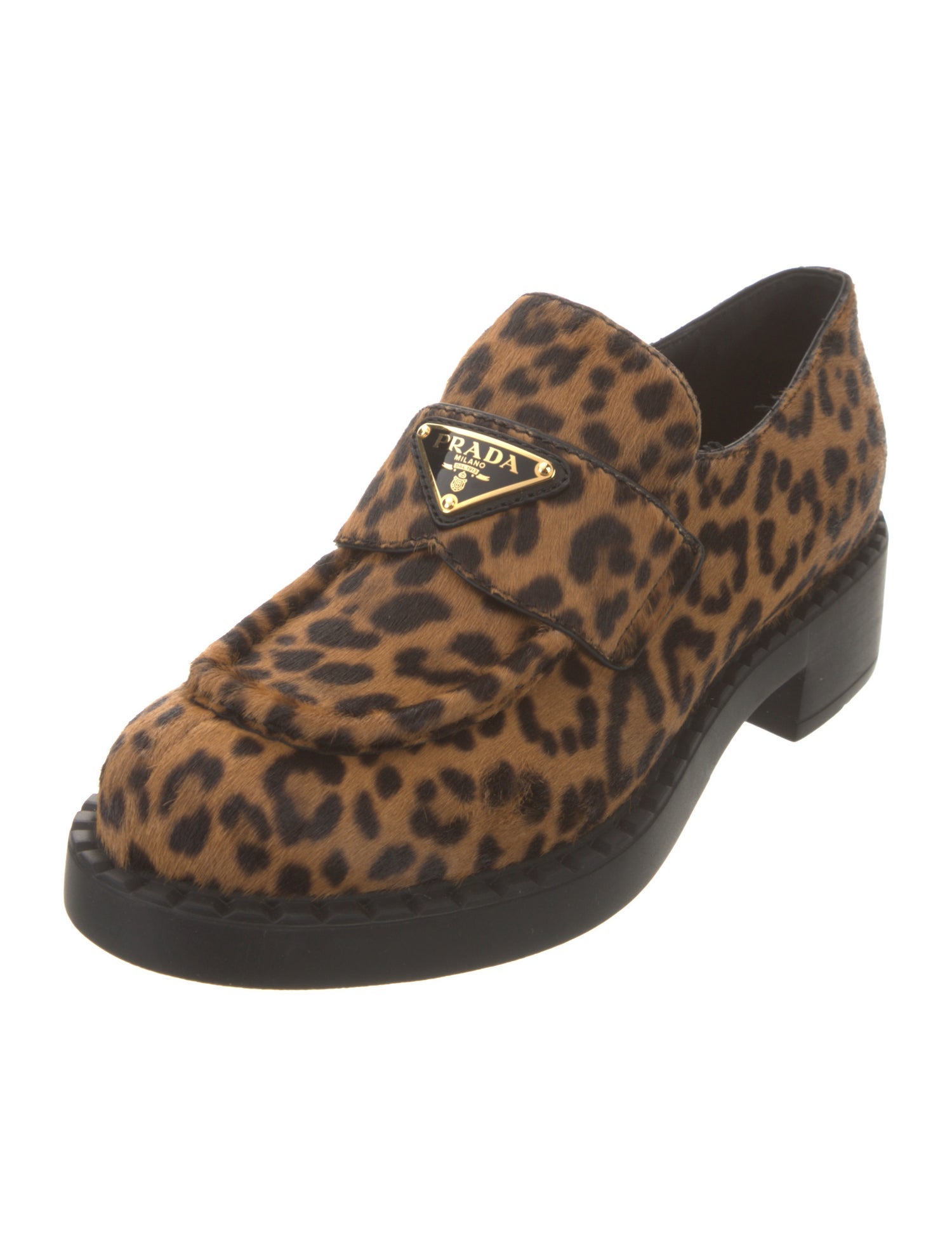 Prada Enameled Metal Triangle Ponyhair Oxfords