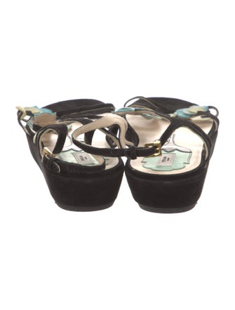 Prada Suede Leather Trim Embellishment T-Strap Sandals