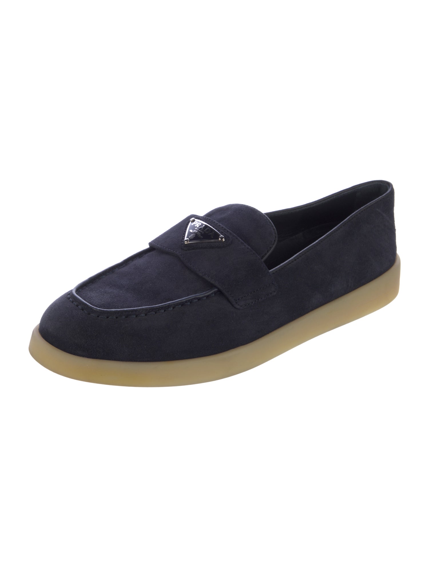 Prada Enameled Metal Triangle Suede Loafers
