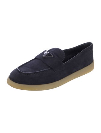 Prada Enameled Metal Triangle Suede Loafers