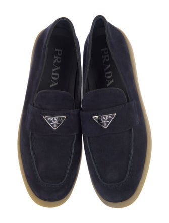 Prada Enameled Metal Triangle Suede Loafers